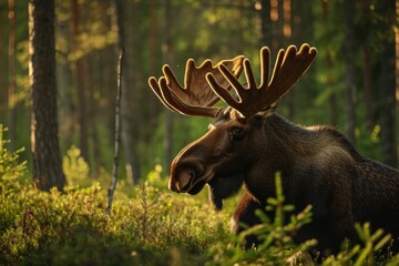 Naklejka na ściany i meble Close-up of moose in a summer forest, morning sunlight.
