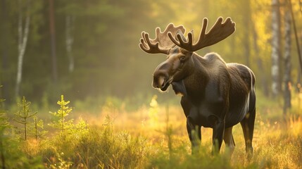 Close-up of moose in a summer forest, morning sunlight.