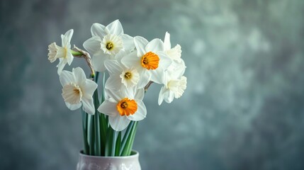 Blooming white daffodils in a decorative home vase.