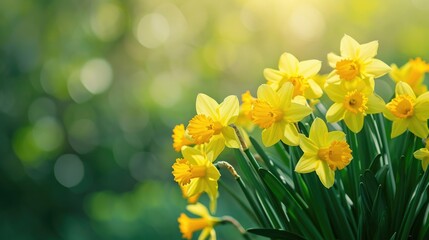 Beautiful panoramic spring nature background with daffodil flowers © kardaska
