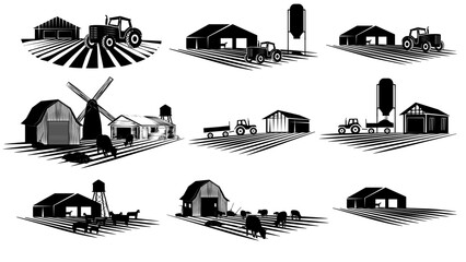 Set of silhouette scenes from farm life with fields, barns and machinery isolated on white background. Rural clipart. - obrazy, fototapety, plakaty