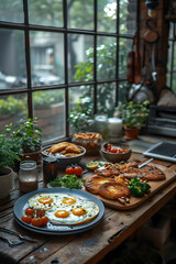 Cozy breakfast setting with eggs, pastries, and coffee by a window with plants and soft light.