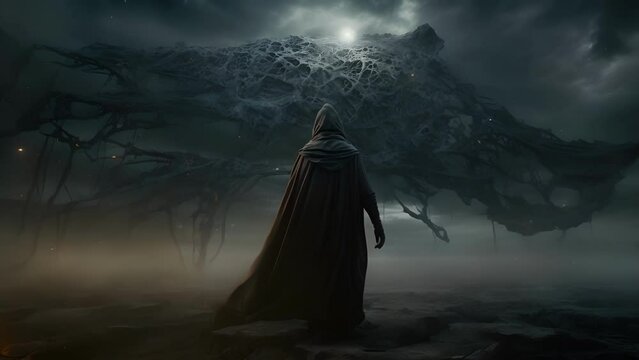 A formidably tall figure dd in a tattered cloak decorated with bone fragments and spider webs looming ominously against a starless sky.