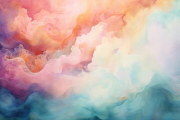 Fototapeta premium This painting depicts a lively sky filled with an explosion of colors and billowing clouds., A sea of swirling nebulas in pastel colors, AI Generated
