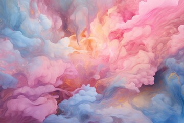 A vibrant abstract painting featuring pink, blue, and yellow clouds against a backdrop of a contemporary art style., A sea of swirling nebulas in pastel colors, AI Generated