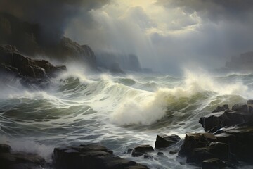 Obraz premium A vibrant painting capturing the raw power of ocean waves as they collide with rugged rocks., A seascape on a cloudy day with crashing waves against a coastline, AI Generated