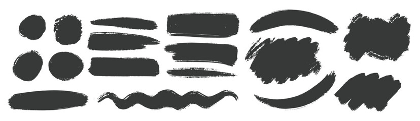 Decorative brush shapes set. Brush lines set. Vector black paint brush spots, highlighter lines or felt-tip pen marker. Ink smudge abstract shape stains and smear set with texture - Vector - obrazy, fototapety, plakaty