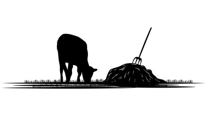 Set of silhouette scenes from farm life with cow and a pile of hay isolated on white background. Rural clipart. © Vladimir Kazakov