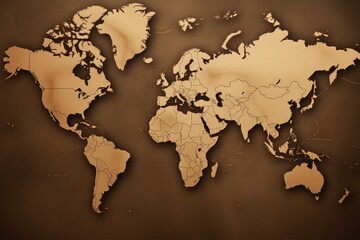 Fototapeta na wymiar Enhance your living space with this unique and informative wooden world map, perfect for adding a touch of elegance and knowledge to any room., A sepia-toned map of the world, AI Generated