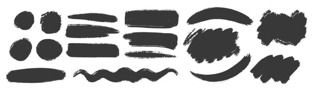 Decorative brush shapes set. Brush lines set. Vector black paint brush spots, highlighter lines or felt-tip pen marker. Ink smudge abstract shape stains and smear set with texture - Vector