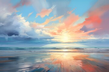 A serene painting capturing the beauty of a sunset on a beach, showcasing vibrant colors in a peaceful landscape., A serene interpretation of an abstract morning sky meeting the sea, AI Generated