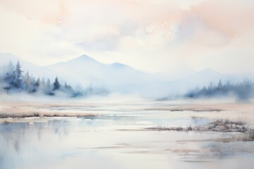 A serene painting depicting a tranquil lake with majestic mountains in the distance., A serene...