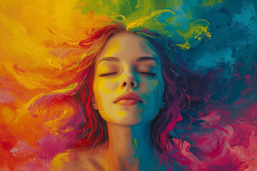 An imaginative portrayal of a girl with vibrant rainbow-colored hair, radiating positivity and creativity in a lively 2D composition filled with dynamic energy.