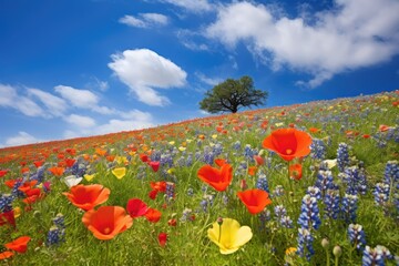 A stunning landscape featuring a vibrant field of flowers with a majestic tree in the background., A serene field full of brightly colored wildflowers in the spring, AI Generated