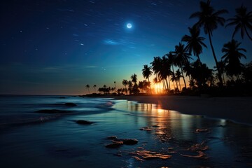 Fototapeta na wymiar A tranquil scenery of a beach at night with palm trees gently swaying under the enchanting light of a full moon., A serene moonlit beach with silhouettes of palm trees, AI Generated
