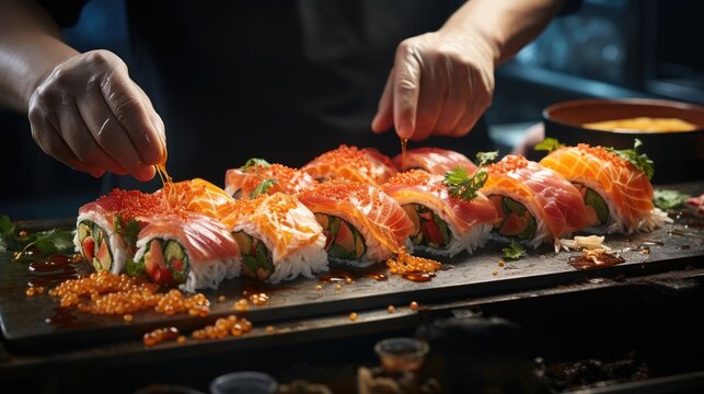 Close up of professional chef's hands making sushi in restaurant kitchen. Traditional Japanese food.
