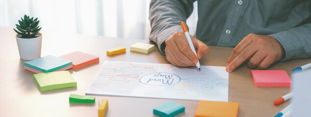 Skilled businessman brainstorms marketing ideas using mind maps. Successful male startup leader...