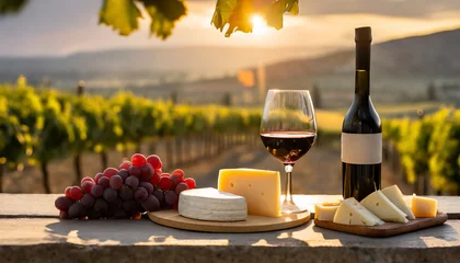 Fotobehang wine and cheese on the background of a vineyard, glasses, a bottle of red wine, at sunset © Davit