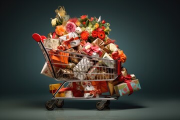 Shopping Cart Overflowing With Numerous Gifts for a Joyful Celebration, A shopping cart filled to the brim with beautifully wrapped presents, AI Generated