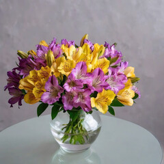 Alstroemeria yellow and pink and violet flowers and solidagos flower