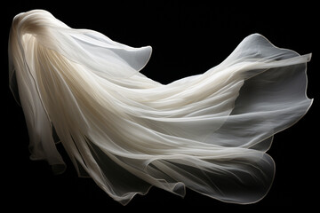 Graphic resources. Beautiful flying or levitating in air white fabric on black background with copy space