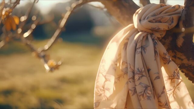 Detailed shot of a patterned silk scarf, tied in a chic knot and dd over a tree branch in a picturesque orchard.