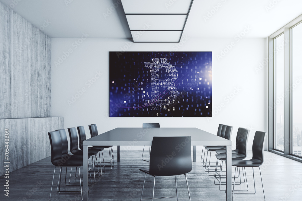 Poster Creative Bitcoin symbol on presentation tv screen in a modern meeting room. Cryptocurrency concept. 3D Rendering