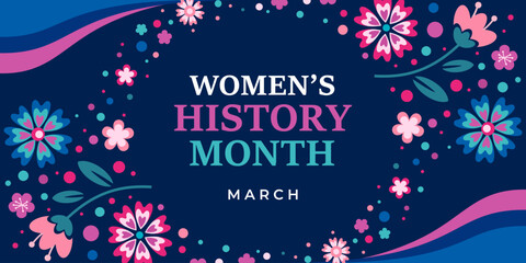 Women's History Month. Text on the blue background with flowers. Banner, poster, illustration Women s History Month for social media. - obrazy, fototapety, plakaty
