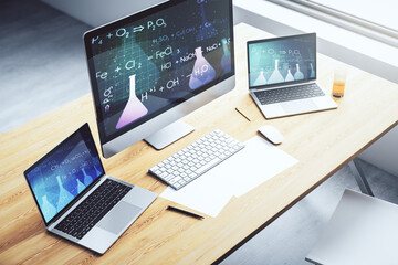 Creative chemistry hologram on modern laptop monitor, pharmaceutical research concept. 3D Rendering