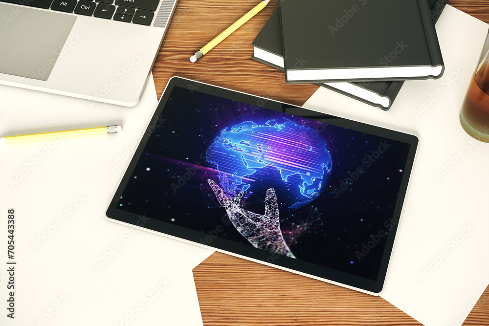 Poster top view of modern digital tablet display with abstract graphic world map, big data and networking c