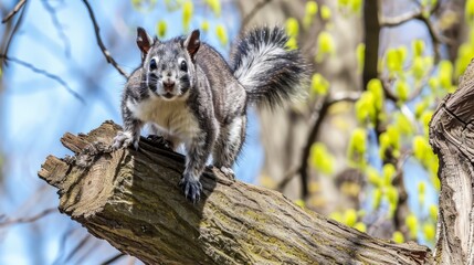 Obraz premium A squirrel, its tail bushy and eyes alert, stands on top of a tree branch.