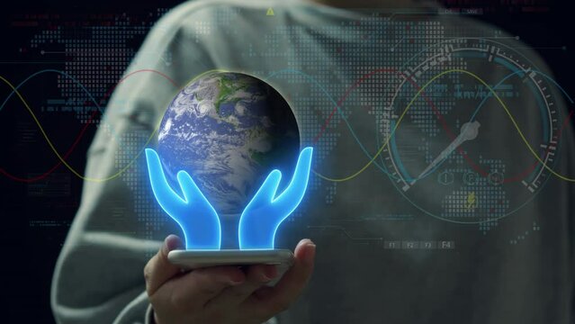 Smartphone showing virtual human hands holding earth global. Net zero greenhouse gas emissions target. Climate neutral long term strategy. Ecological, renewable energy and save environment concept.