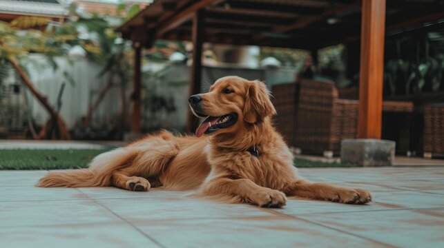 A golden retriever, its fur light brown and collar shiny, lays relaxed on the ground.