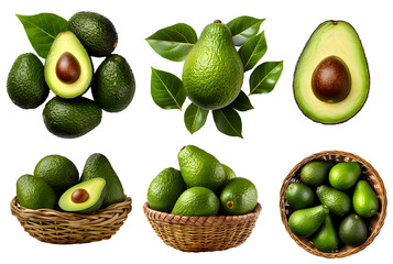 Green avocado avocados, many angles and view side top front sliced halved bunch cut isolated on transparent background cutout, PNG file.