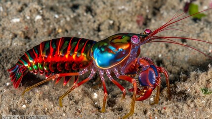 A colorful shrimp, its chitin reflective and sheen rainbow-like, rests on the sand.