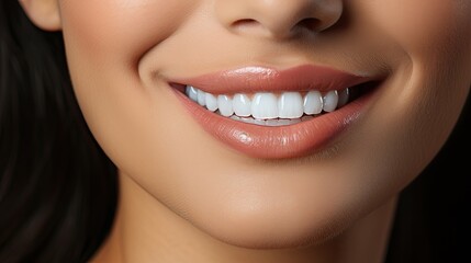 Obraz premium Beautiful woman's smile with healthy white, straight teeth close-up, background with space for text, Design for beauty industry, dentistry, Generative AI