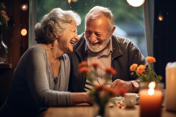 Elderly couple enjoying romantic dinner at home. Affection and togetherness.
