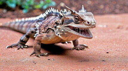 Fototapeta premium A lizard, its spines streamlined and skin blue-scaled, rests on a dirt ground, resembling a majestic dragon.