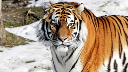 Obraz premium A tiger, its stripes distinct and eyes amber, prowls in the snow, its preservation a priority.