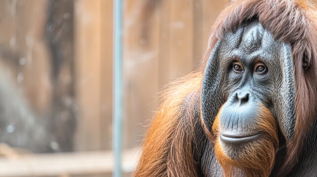 An orangutan, its smile warm and eyes focused, looks at the camera, its portrait featured prominently.