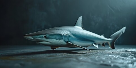 Fototapeta premium A shark, its body blue and form resembling a lance, swims in a dark room.