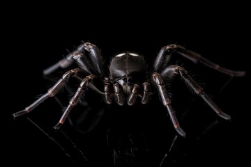 A spider, its thorax distinct and exoskeleton chelicerae-like, rests on a black surface. - obrazy, fototapety, plakaty