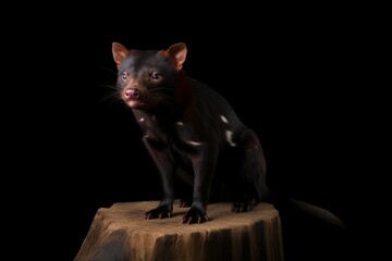 A black cat, its posture majestic, sits atop a wooden stump, its surroundings dark.