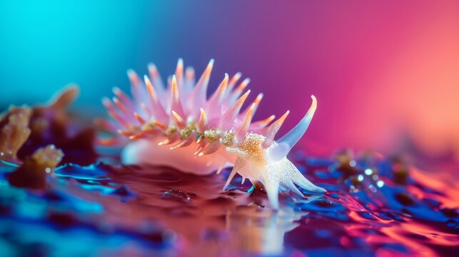 A flower, possibly a nudibranch, its tentacles vivid and draped with water and spines, rests on a table.