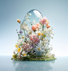 An easter egg filled with a bouquet of fresh flowers. Creative natural holiday idea