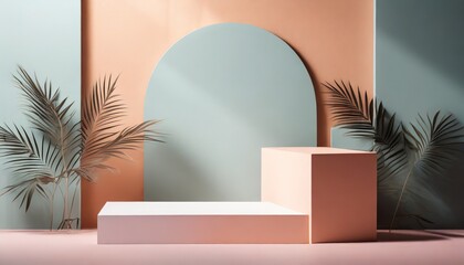 Chic Product Showcase: Stand Podium Wall Scene in Pastel Hues with Geometric Flair