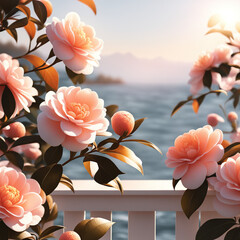 camellia pink and orange flowers in the sun sea in background
