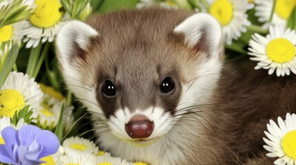 A ferret, its fur furry and sunglasses on, frolics in a field of flowers, its beauty evident.