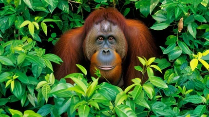 Foto op Canvas An orangutan, its smile warm and gaze focused, looks at the camera, surrounded by the lush jungle. © Duka Mer