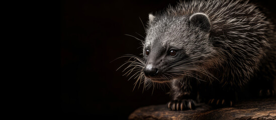 A small creature, its expression fierce and inquisitive, perches on a log.